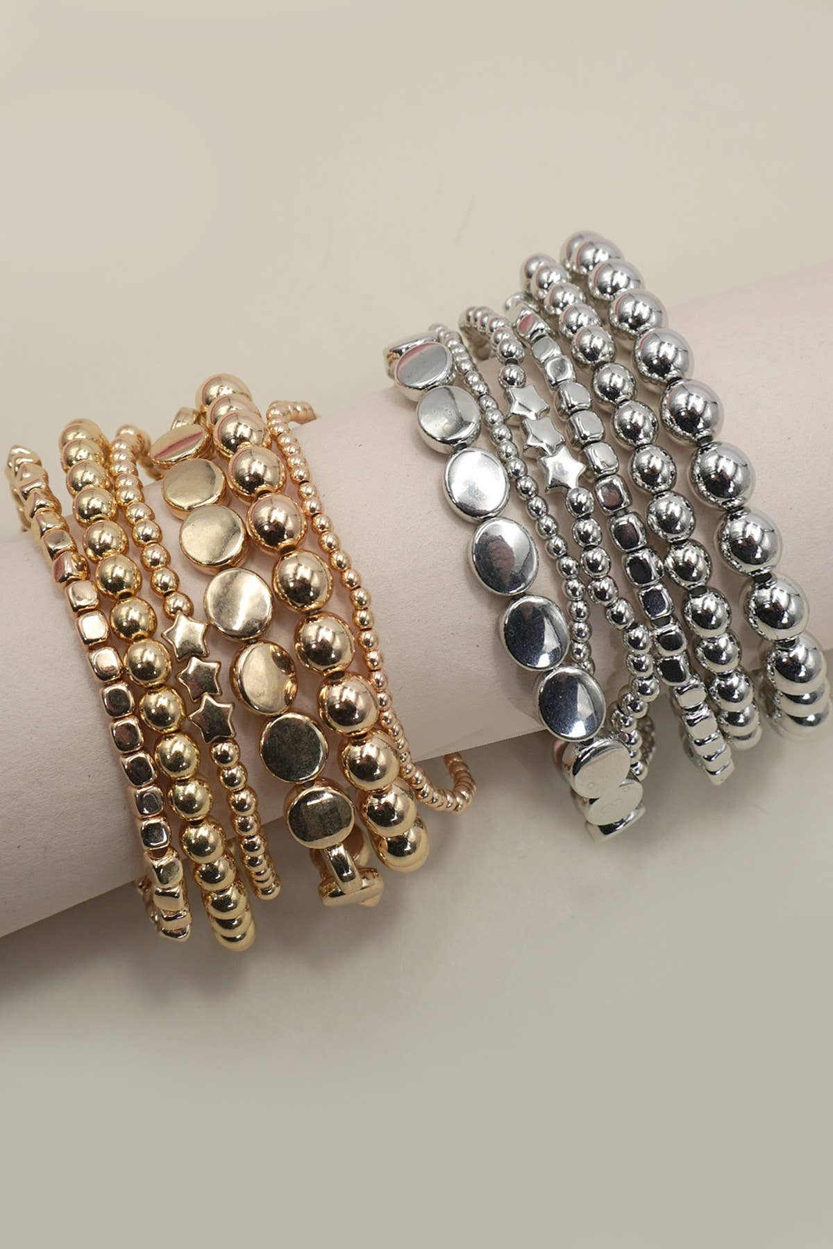 Multi-Chain Beaded Stretch Bracelet Set | Layered Statement Jewelry in Gold & Silve