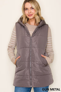 The Briar Hooded Puffer Vest – Gunmetal & Evergreen Mist
