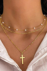 18K Gold Stainless Steel Layered Cross & Pearl Necklace | Tarnish-Free & Hypoallergeni