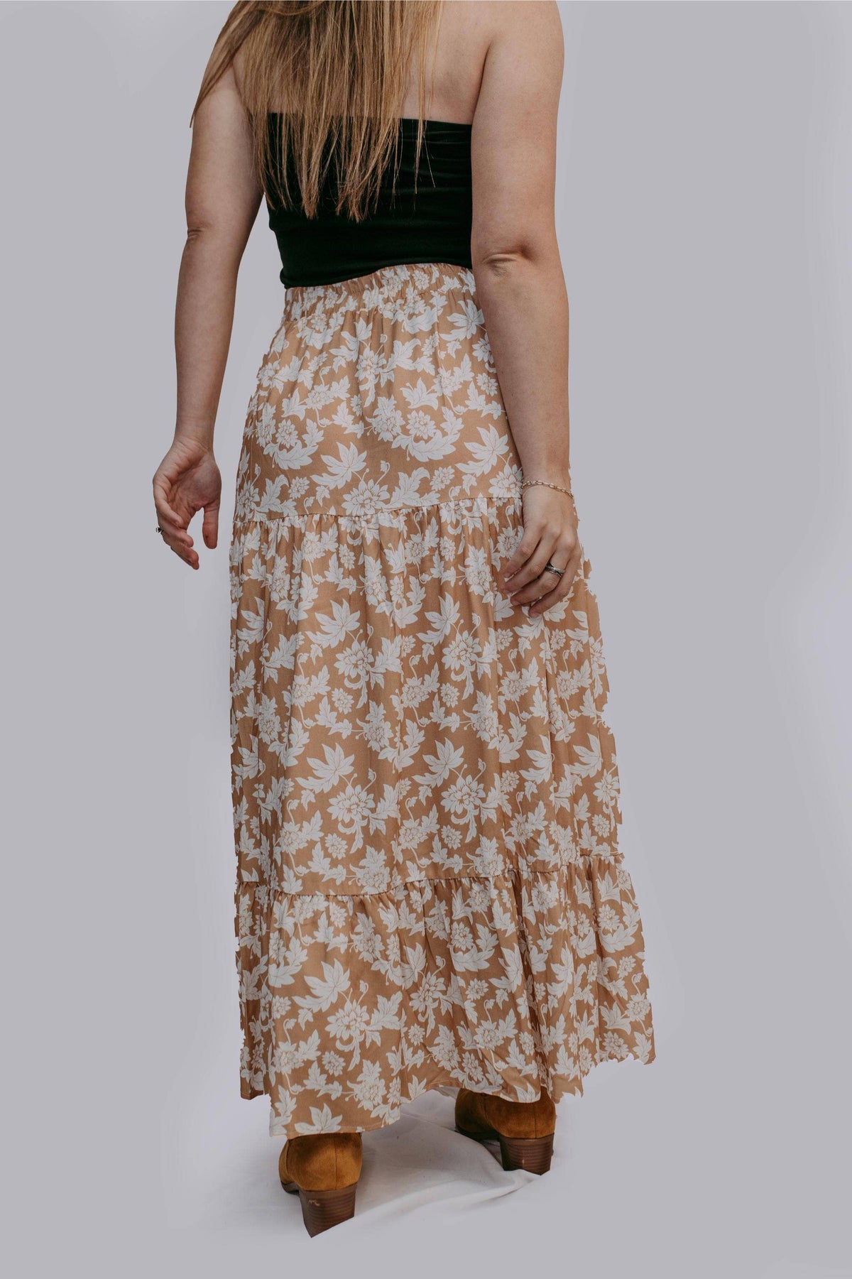 Savannah Floral Tiered Maxi Skirt – Neutral Side Slit Spring Skirt