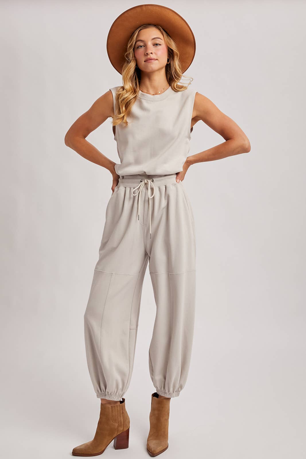 The Waverly Knit Drawstring Jumpsuit – Sleeveless Lounge-to-Live Style in Soft Oatmeal