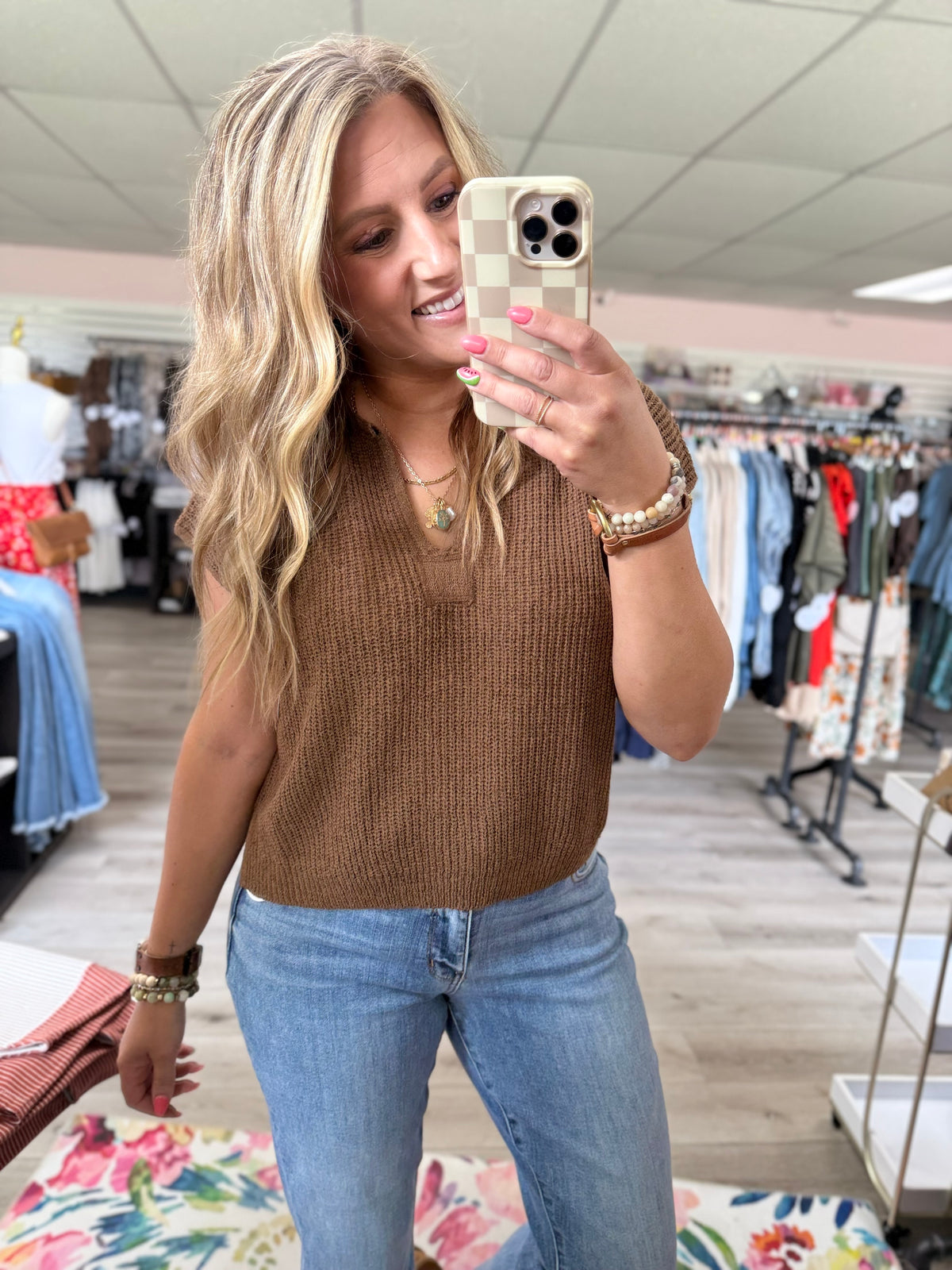 The Brooke Waffle Knit Cap Sleeve Sweater – Black & Camel