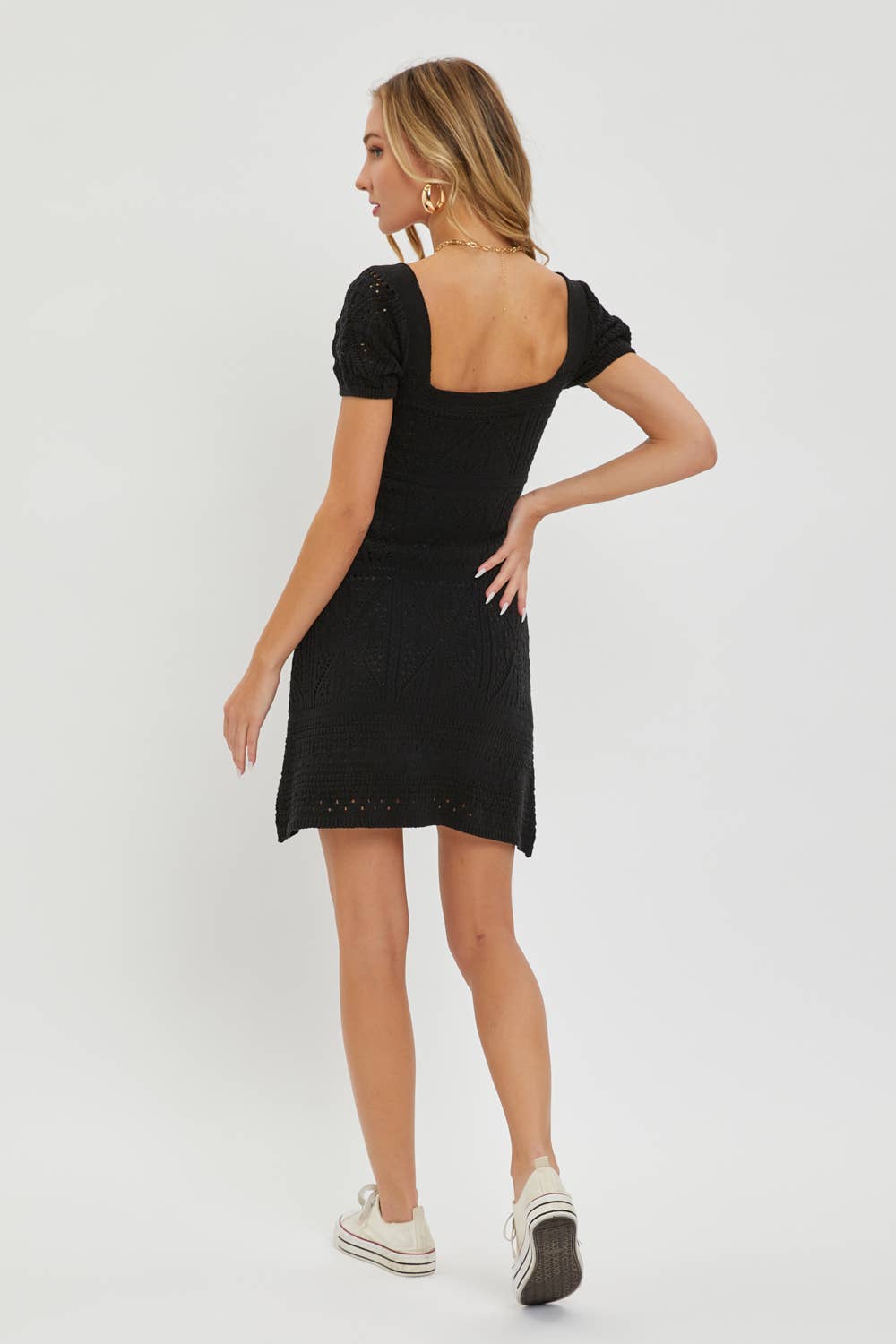 Savannah Black Crochet Mini Dress – Lined Knit Summer Dress with Puff Sleeves