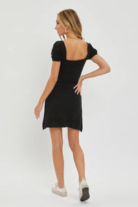 Savannah Black Crochet Mini Dress – Lined Knit Summer Dress with Puff Sleeves