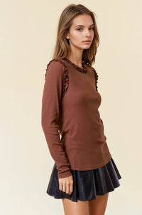 The Wren Ruffle Ribbed Top – Chestnut Brown