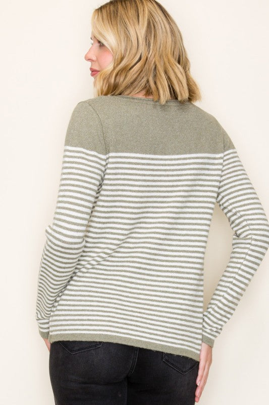 Elsie Striped Boat Neck Pullover Sweater – Sage & Cream Color Block