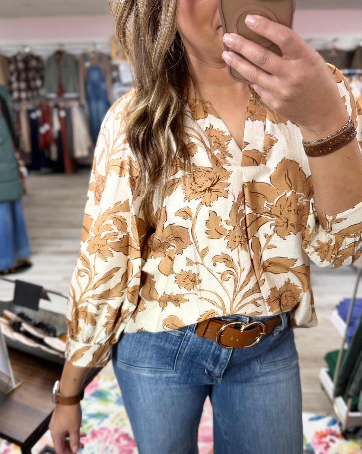 The Maren Split Neck Floral Blouse – Autumn Spice Print Top