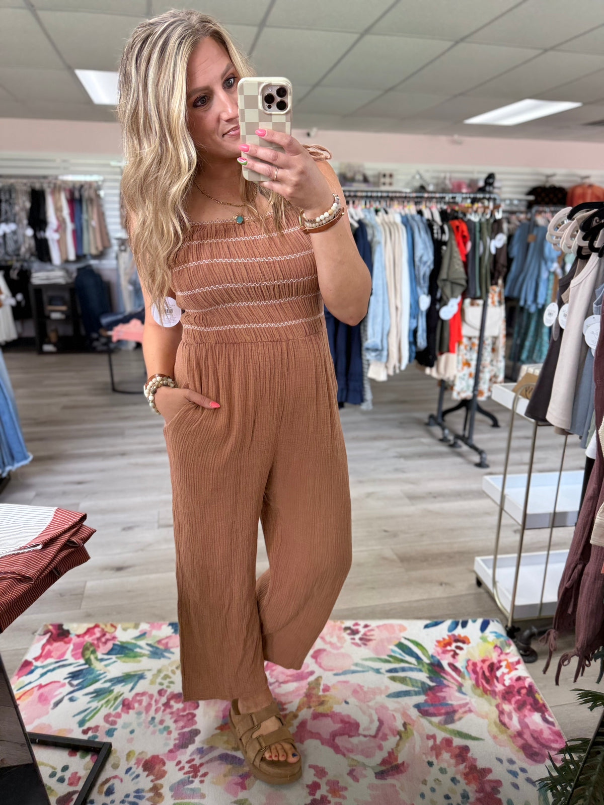 The Laramie Smocked Cotton Gauze Jumpsuit – Adjustable Straps, Wide Leg Fit & Pockets