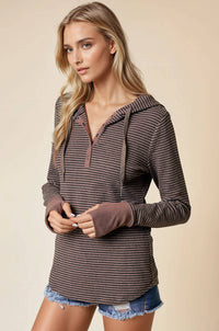 The Rowan Striped Henley Hoodie – Mocha Mix