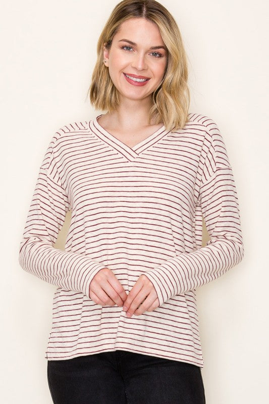 Staccato Striped Hacci V-Neck Long Sleeve Top – Soft Stretch Knit with Side Slits