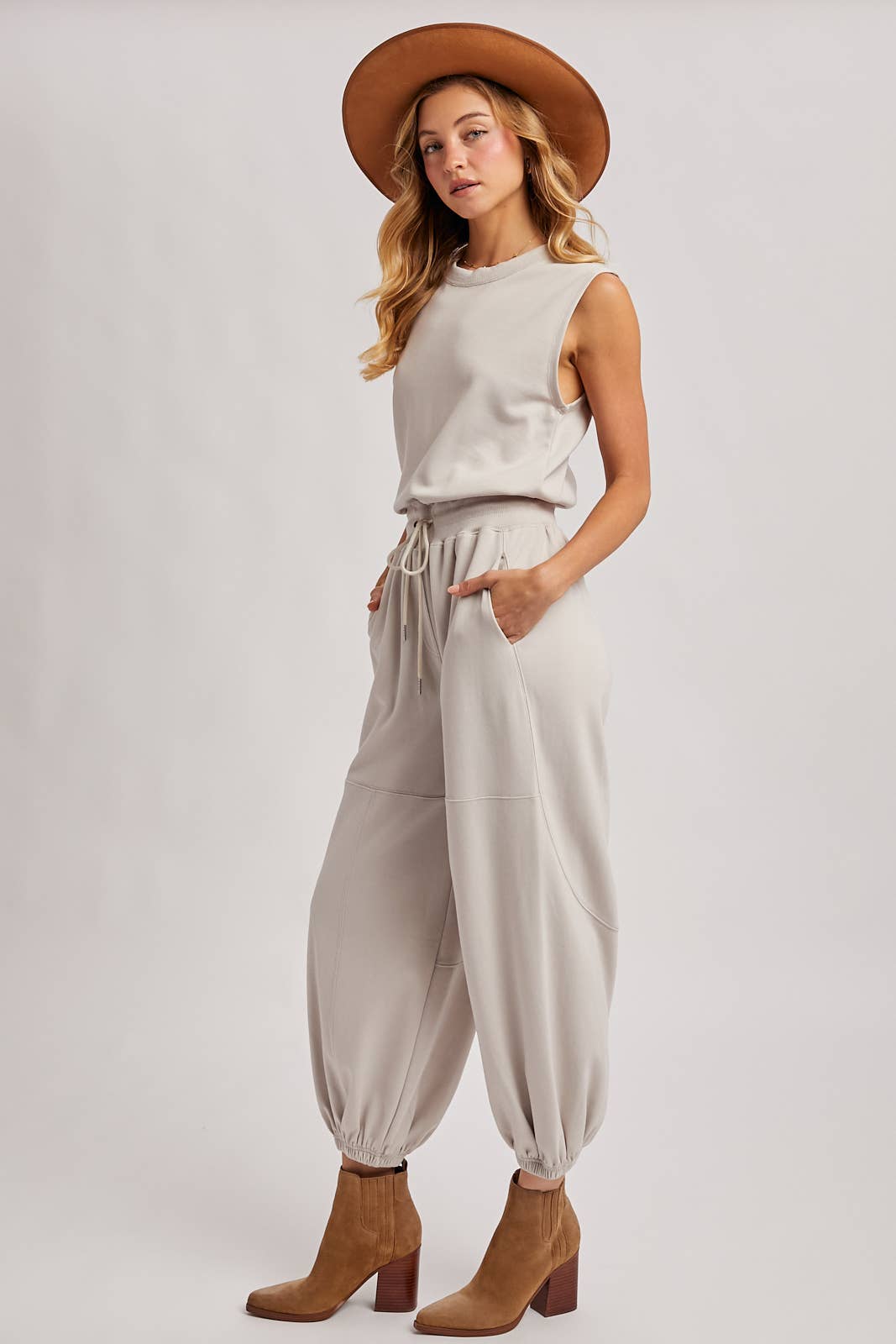 The Waverly Knit Drawstring Jumpsuit – Sleeveless Lounge-to-Live Style in Soft Oatmeal