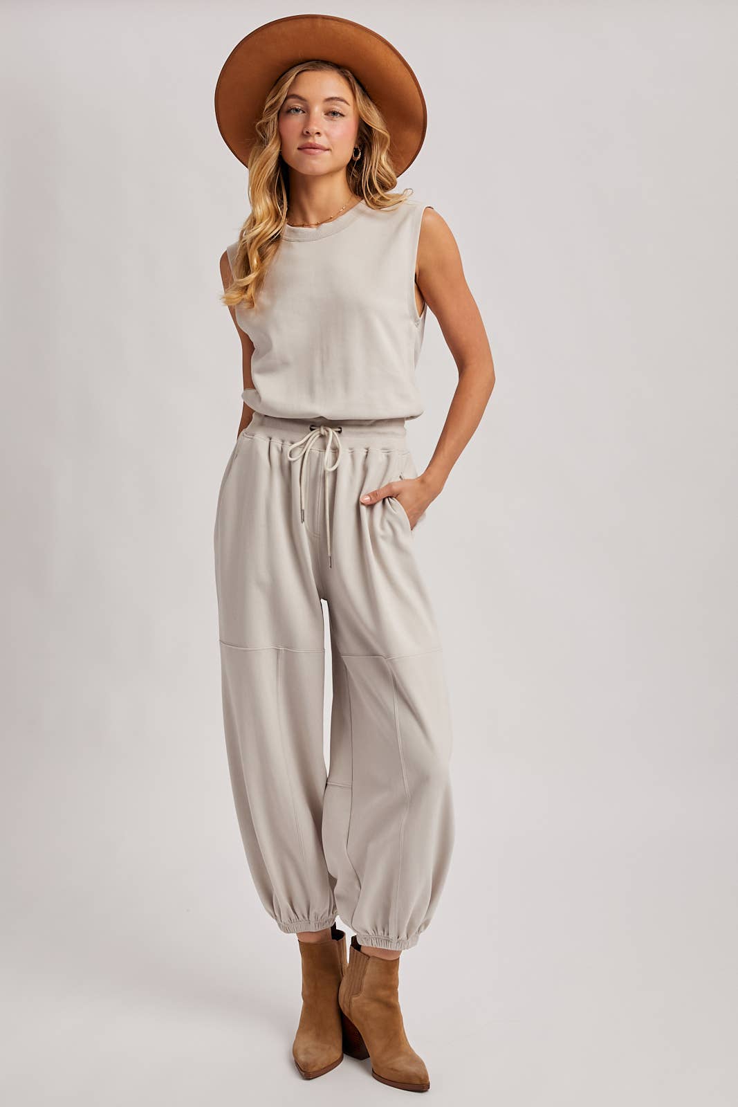 The Waverly Knit Drawstring Jumpsuit – Sleeveless Lounge-to-Live Style in Soft Oatmeal