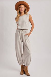 The Waverly Knit Drawstring Jumpsuit – Sleeveless Lounge-to-Live Style in Soft Oatmeal