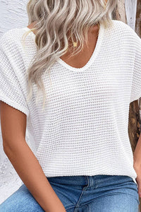 Briar Crochet Back Waffle Knit Top – White V-Neck Short Sleeve