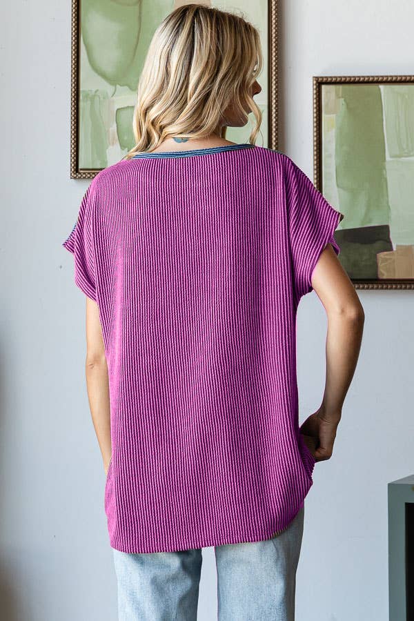 Berry Bliss Ribbed Color Block Top | Relaxed Fit Short Sleeve Tee