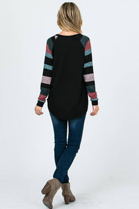 Lisa Stripe Sleeve Casual Blouse: Jade/ Black