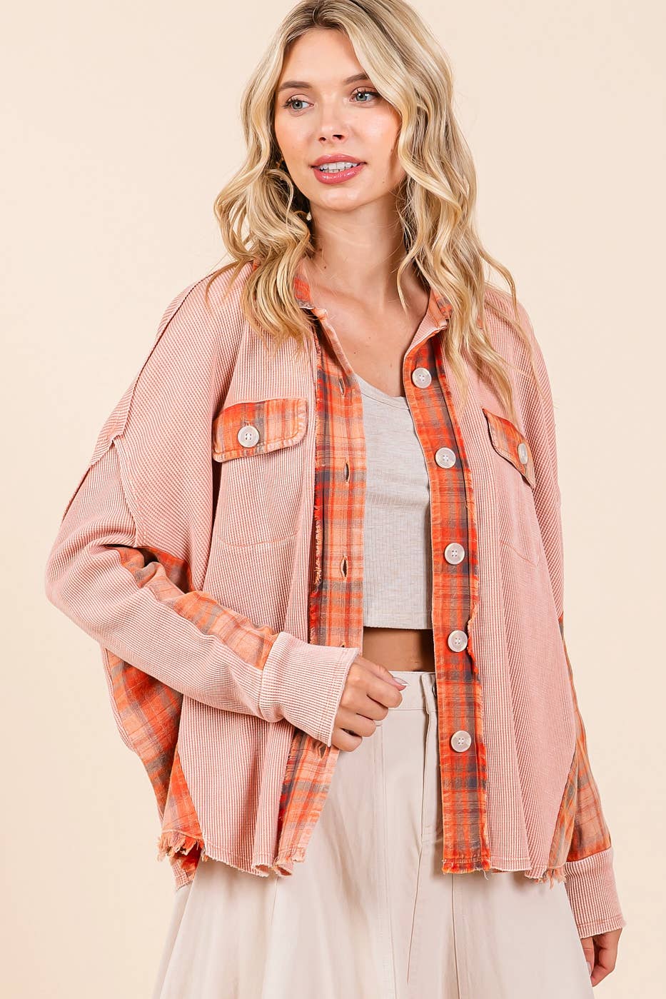 The Jolene Plaid Contrast Waffle Knit Button Down – Mineral Washed Rustic Rose