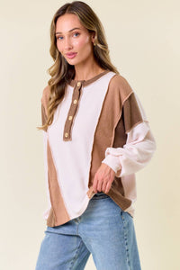 The Clara Colorblock Waffle Knit Henley – Neutral Stripe Patch Pullover