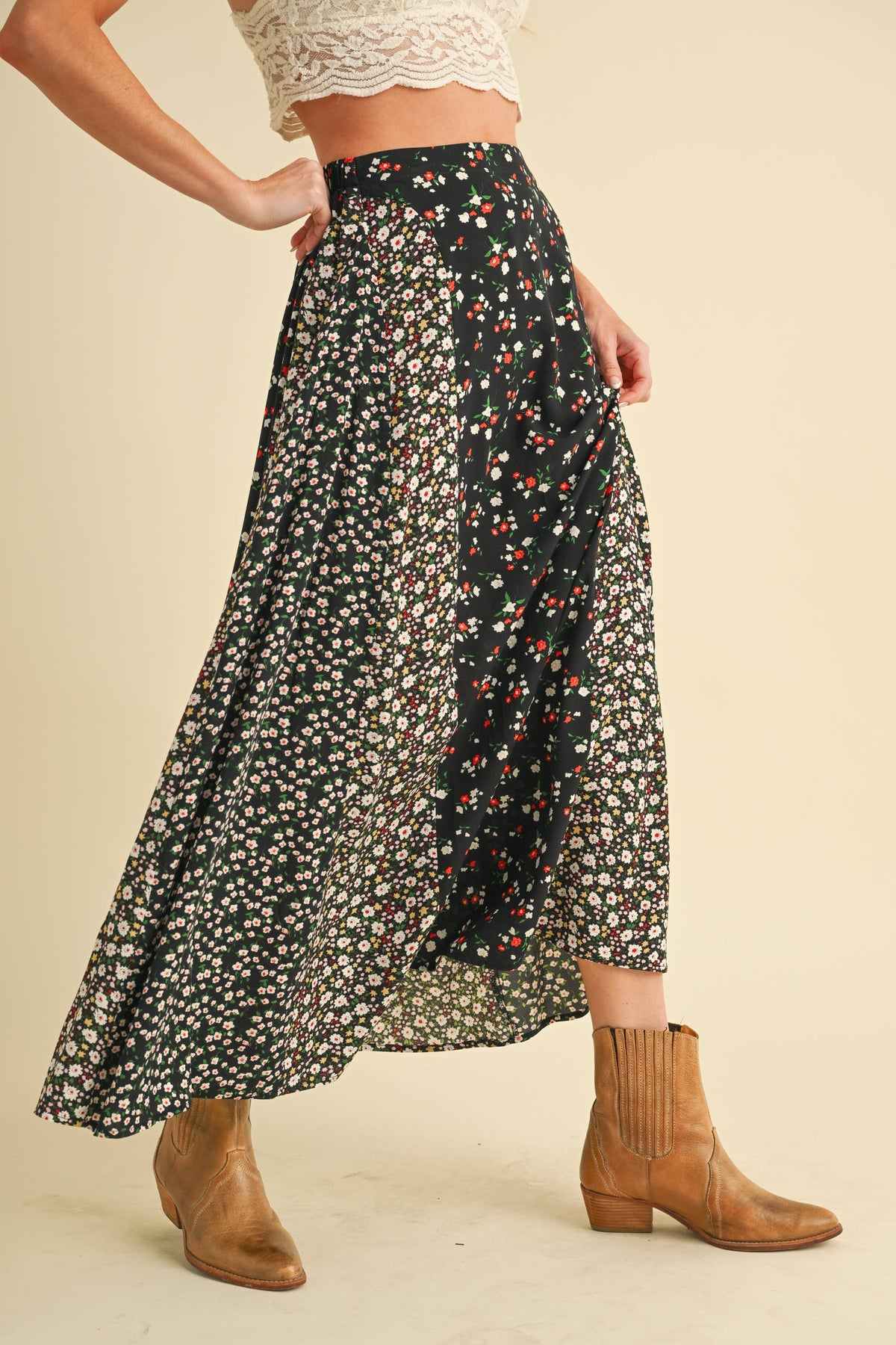 Melanie Floral Patchwork Maxi Skirt – Boho High Waist Flowy Skirt