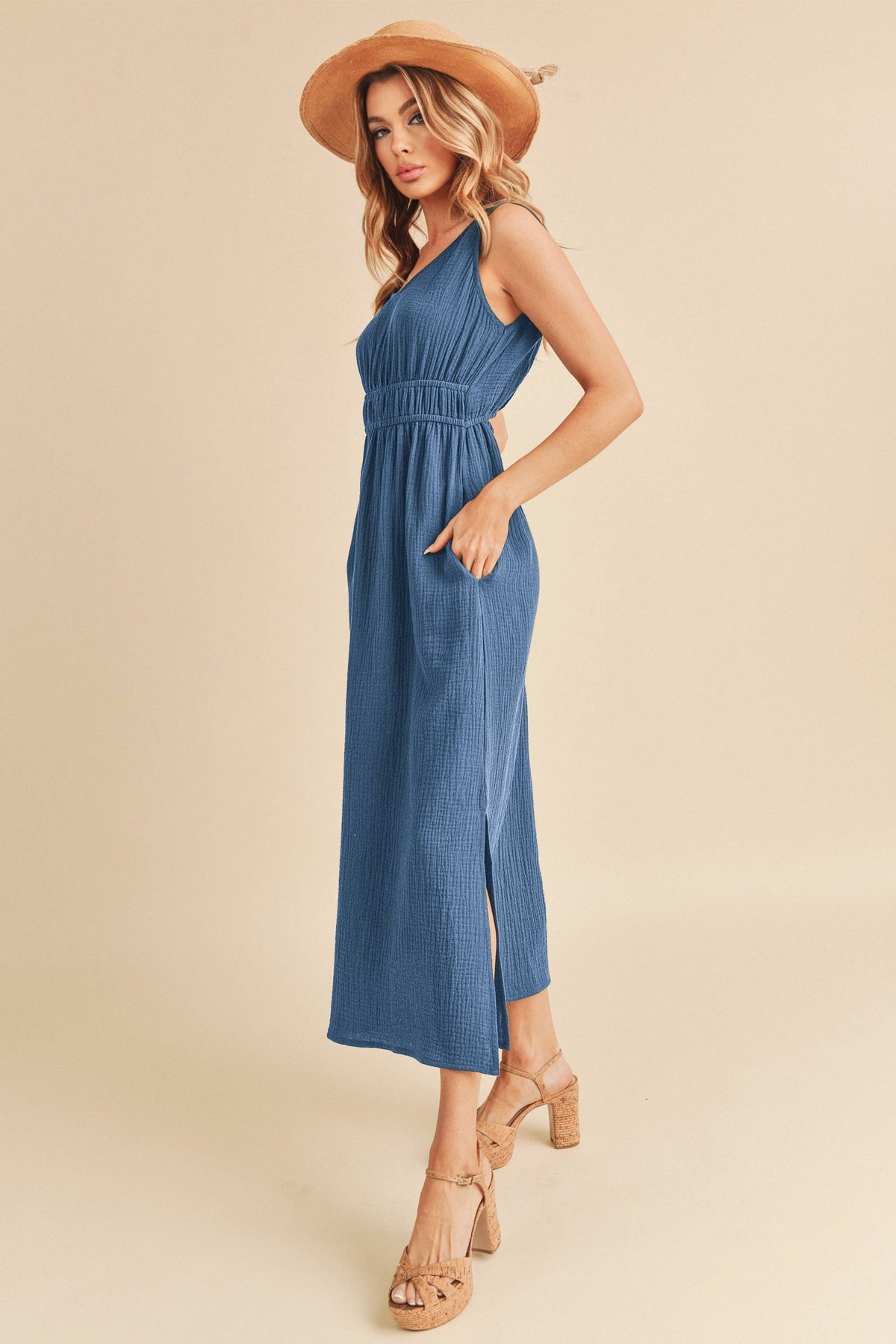 Darci Reversible Cotton Gauze Midi Dress – Sleeveless Summer Dress with Back Cut-Out & Pockets