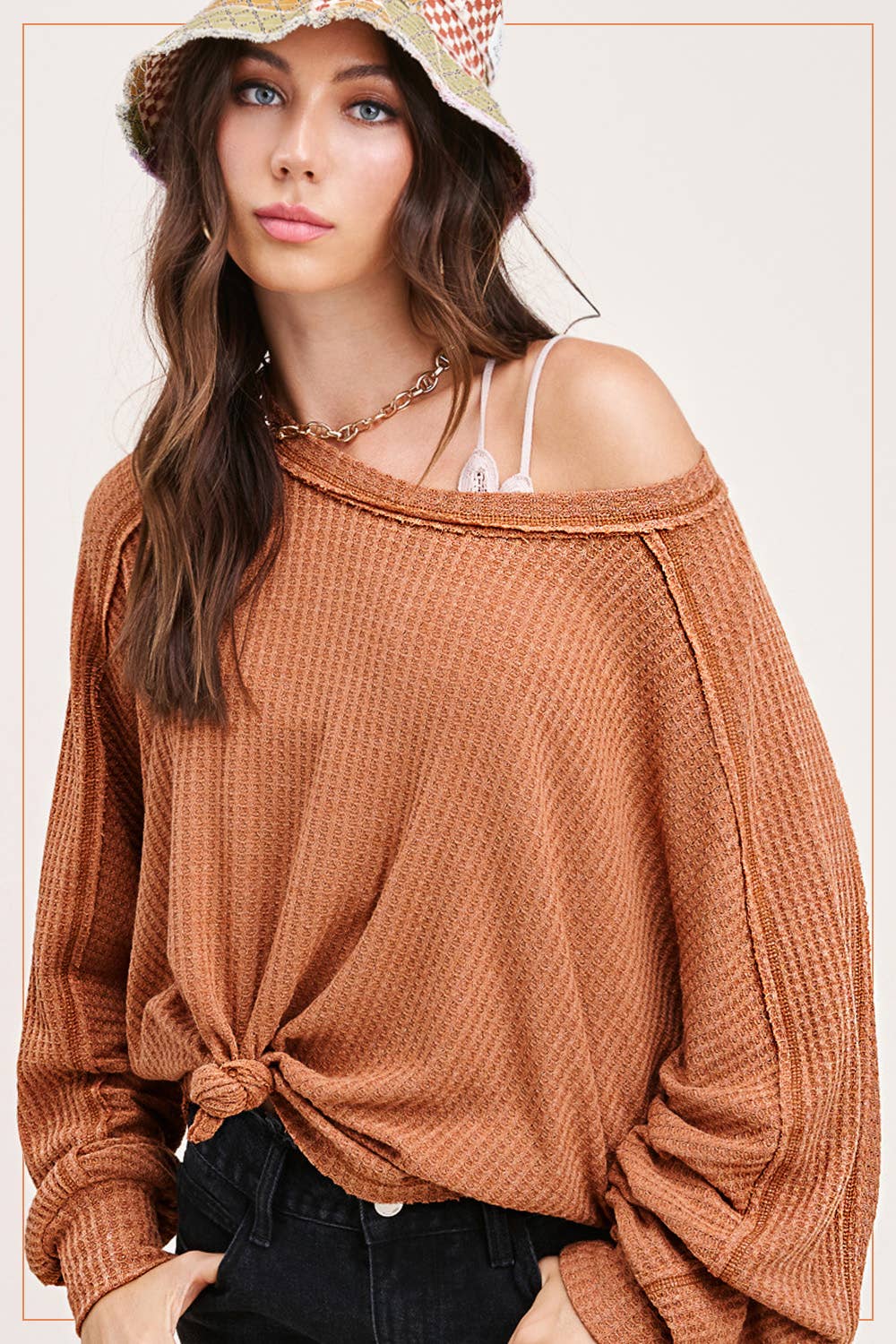 Sadie Brushed Waffle Knit Long Sleeve Top – Berry, Charcoal, Teal