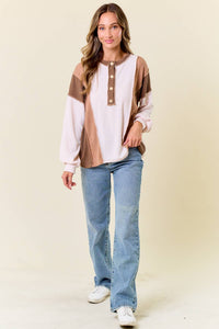 The Clara Colorblock Waffle Knit Henley – Neutral Stripe Patch Pullover