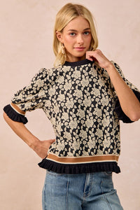 The Colette Textured Rose Knit Top – Midnight Bloom