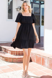 Delilah Black Puff Sleeve Babydoll Mini Dress – Flowy Square Neck Dress for Special Occasion