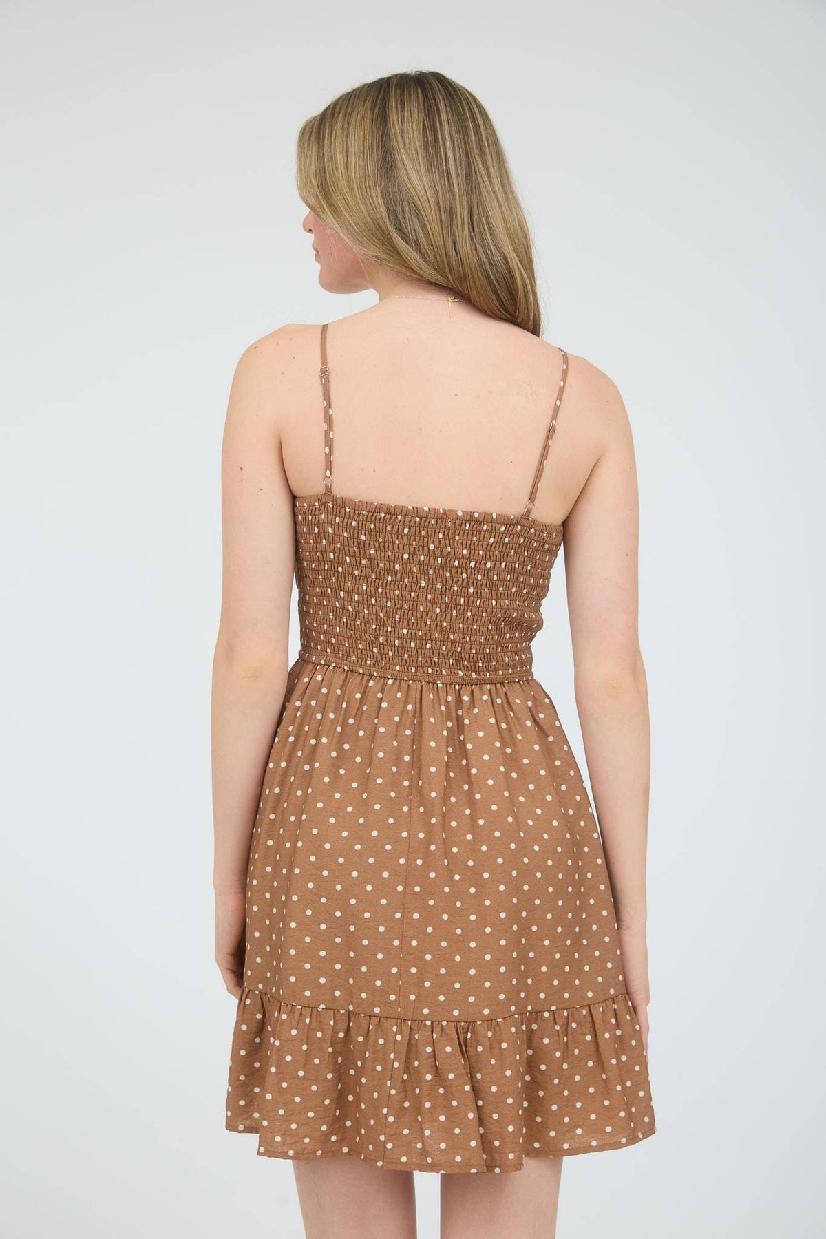 June Dotted Smocked Mini Dress – Mocha Polka Dot