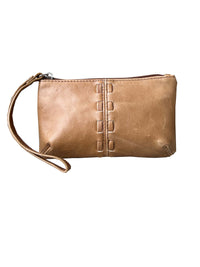 Prairie Belle Genuine Cowhide Leather Clutch Purse | Handcrafted Mini Wristlet Bag with Woven Accents & Zipper Pocket | Available in Black & Tan