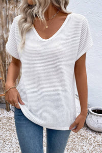 Briar Crochet Back Waffle Knit Top – White V-Neck Short Sleeve