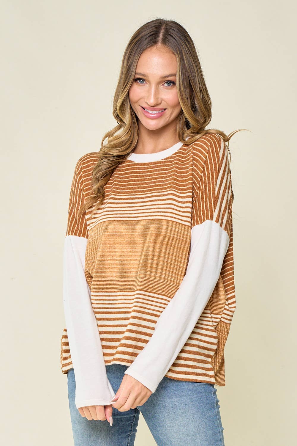 The Hadley Mixed Stripe Long Sleeve Knit Top – Mustard + Ivory Colorblock Pullover