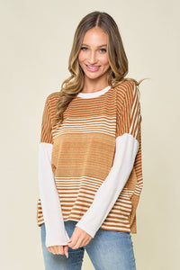 The Hadley Mixed Stripe Long Sleeve Knit Top – Mustard + Ivory Colorblock Pullover