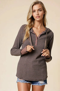 The Rowan Striped Henley Hoodie – Mocha Mix