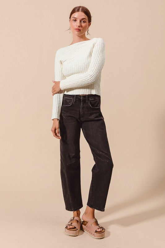 Emery Barrel Leg Jeans – Mid Rise Black Denim with Side Panel Detail