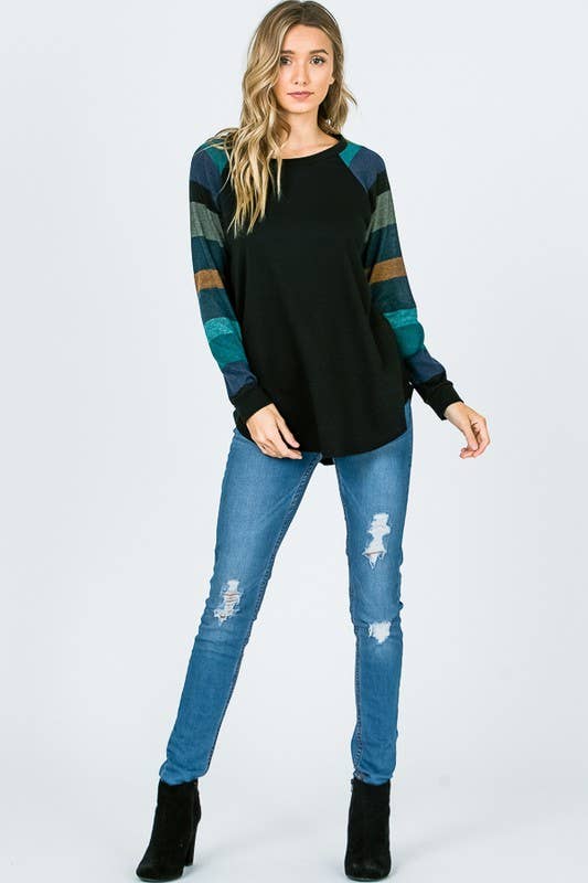Lisa Stripe Sleeve Casual Blouse: Jade/ Black