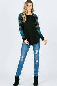 Lisa Stripe Sleeve Casual Blouse: Jade/ Black