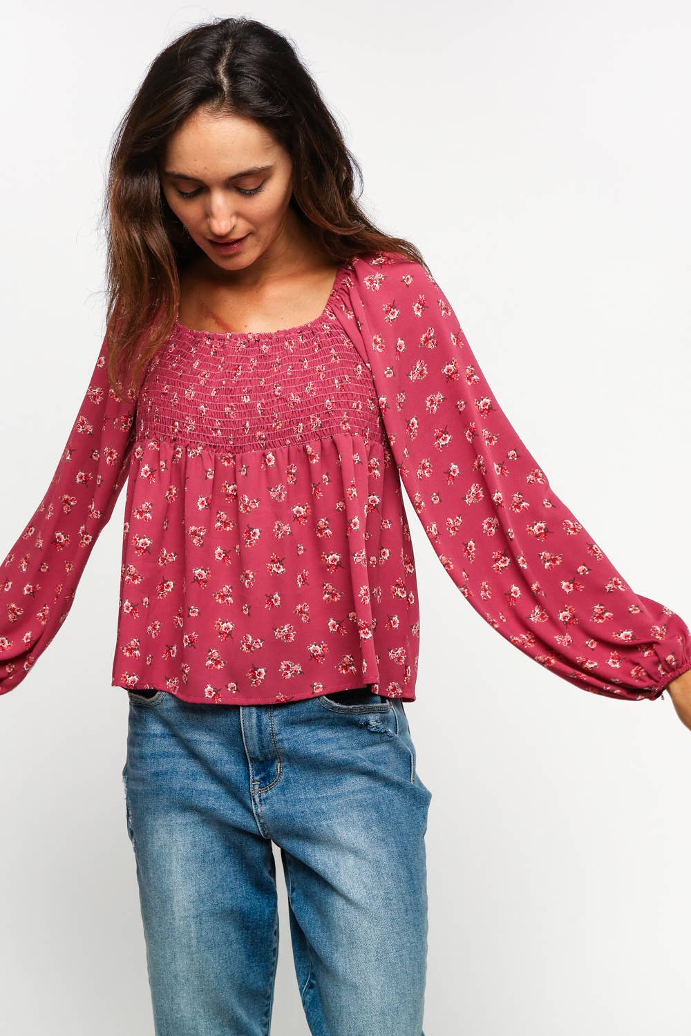 Maisie Smocked Babydoll Floral Blouse – Long Sleeve Raglan Bubble Top
