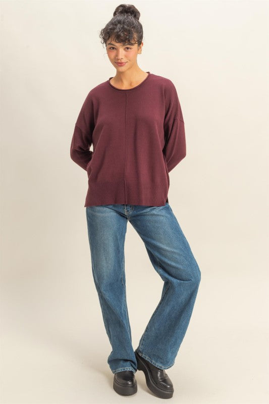 Lenora Drop Shoulder Sweater: Dark Cherry – Relaxed Fit Knit Pullover Top