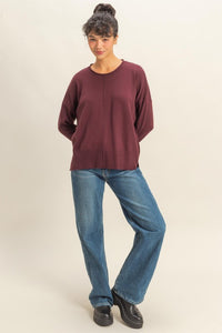 Lenora Drop Shoulder Sweater: Dark Cherry – Relaxed Fit Knit Pullover Top