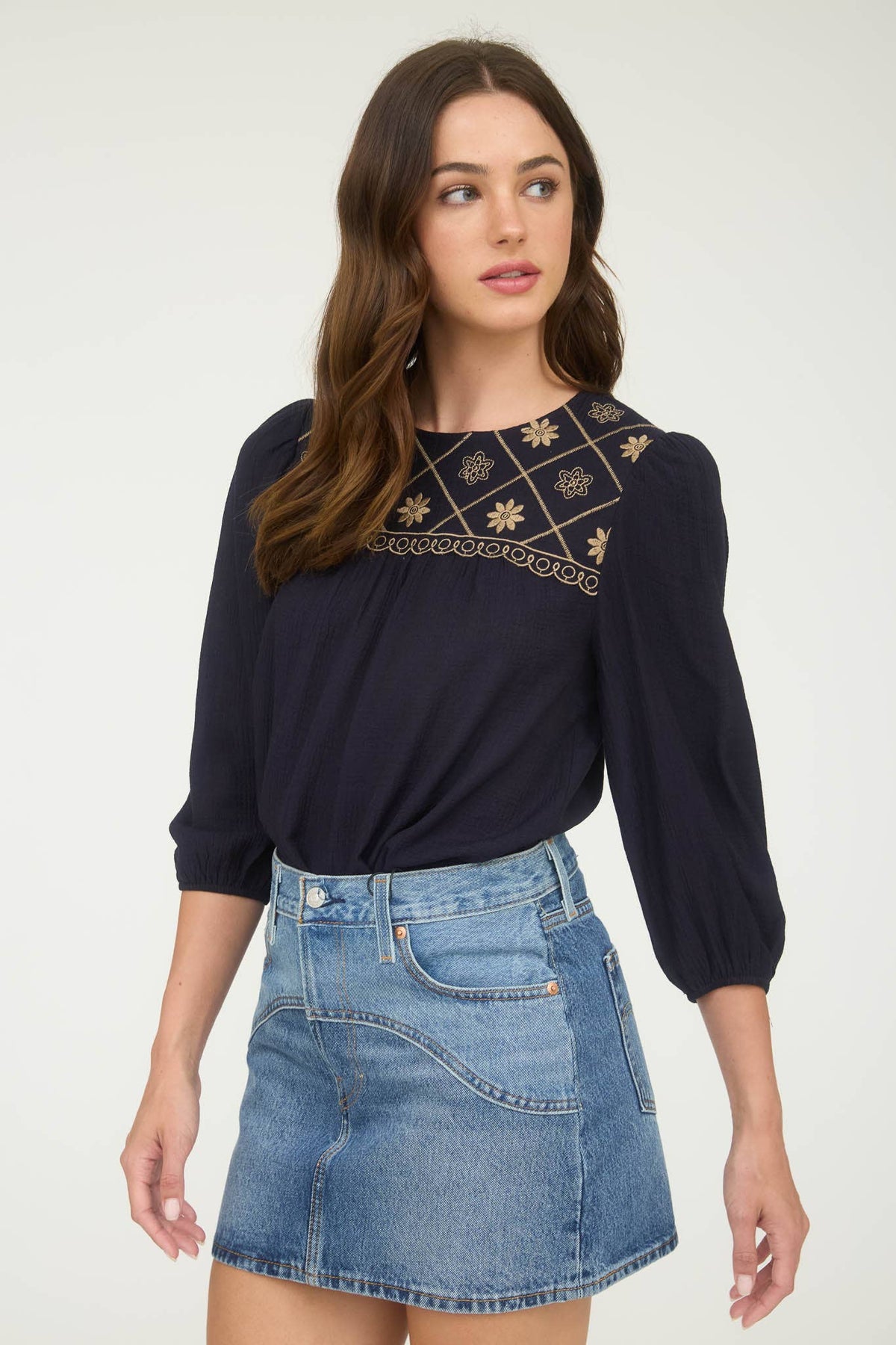 The Rylie Embroidered Yoke Blouse – 3/4 Sleeve Boho Top (Navy or Taupe)