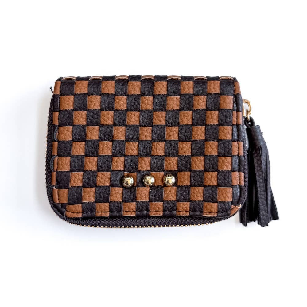 The Wynona Woven Wallet – Checkered Vegan Leather Compact Wallet: Black/Tan