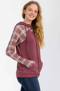 Everly Plaid Contrast Double Hooded Pullover – Ribbed Knit Hoodie with Thumbholes
