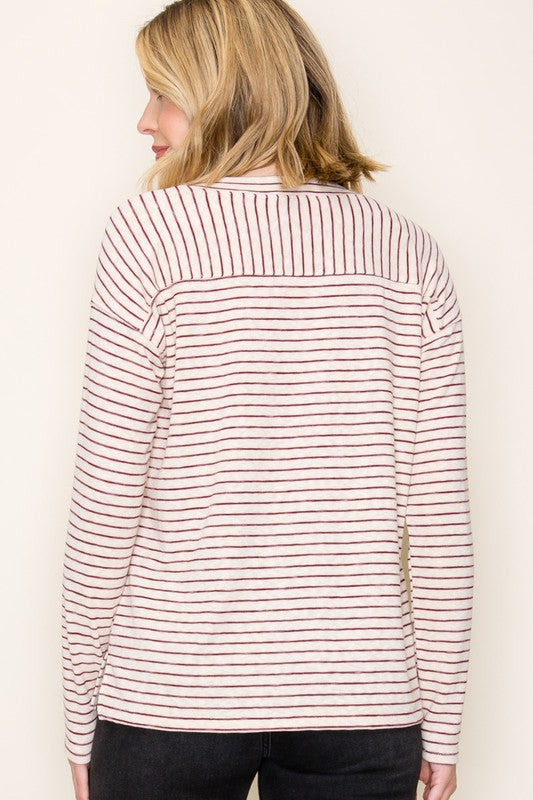 Staccato Striped Hacci V-Neck Long Sleeve Top – Soft Stretch Knit with Side Slits