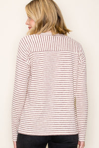 Staccato Striped Hacci V-Neck Long Sleeve Top – Soft Stretch Knit with Side Slits