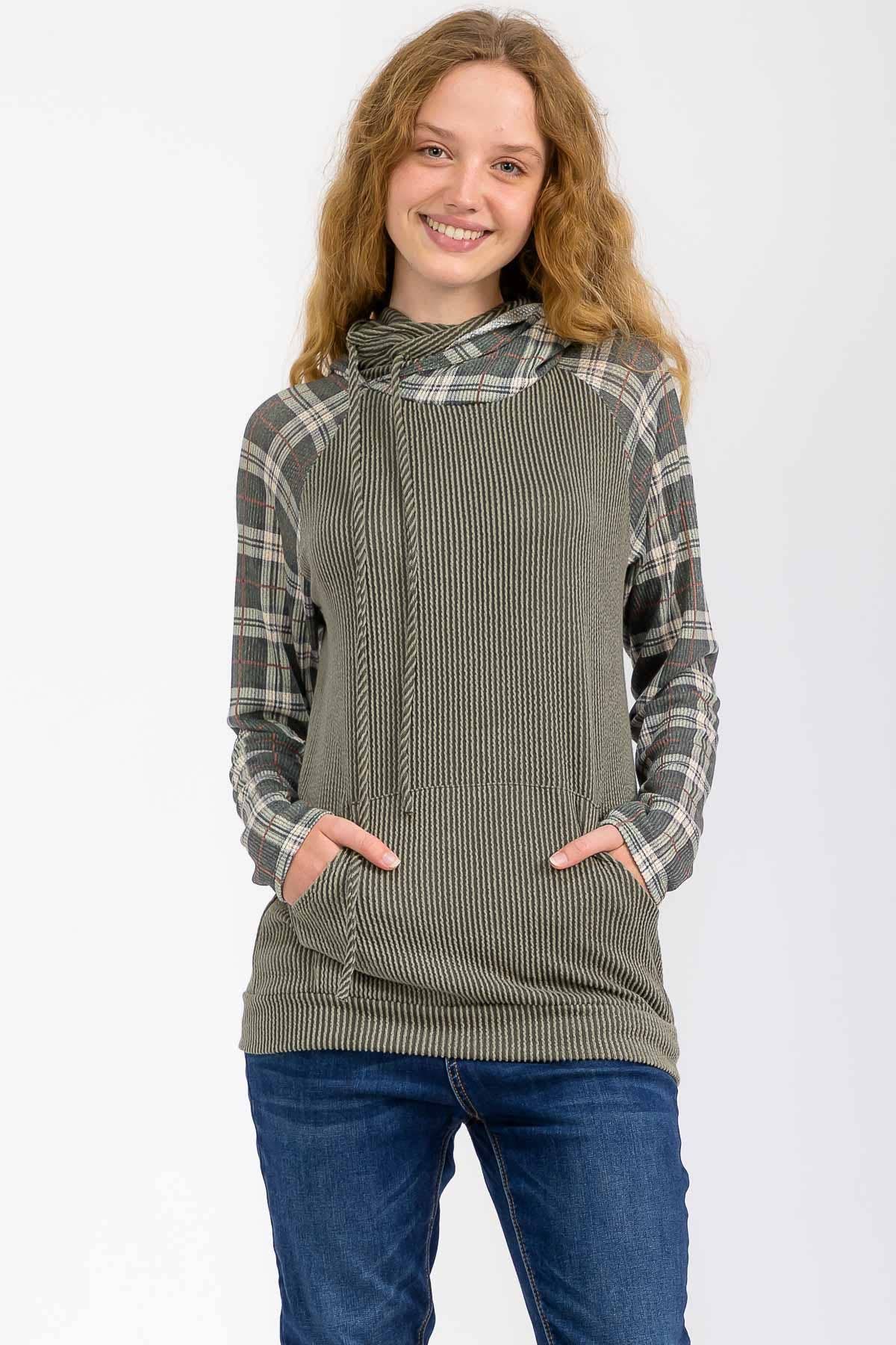 Everly Plaid Contrast Double Hooded Pullover – Ribbed Knit Hoodie with Thumbholes