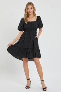 Delilah Black Puff Sleeve Babydoll Mini Dress – Flowy Square Neck Dress for Special Occasion