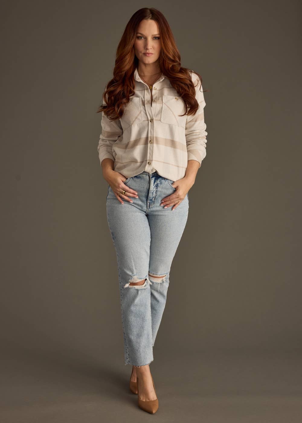 The Sutton Soft Brushed Plaid Button-Up – Tan/ Brown/ Light Blue