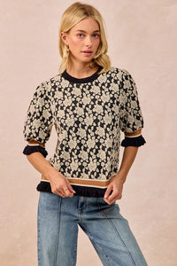 The Colette Textured Rose Knit Top – Midnight Bloom