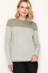 Elsie Striped Boat Neck Pullover Sweater – Sage & Cream Color Block